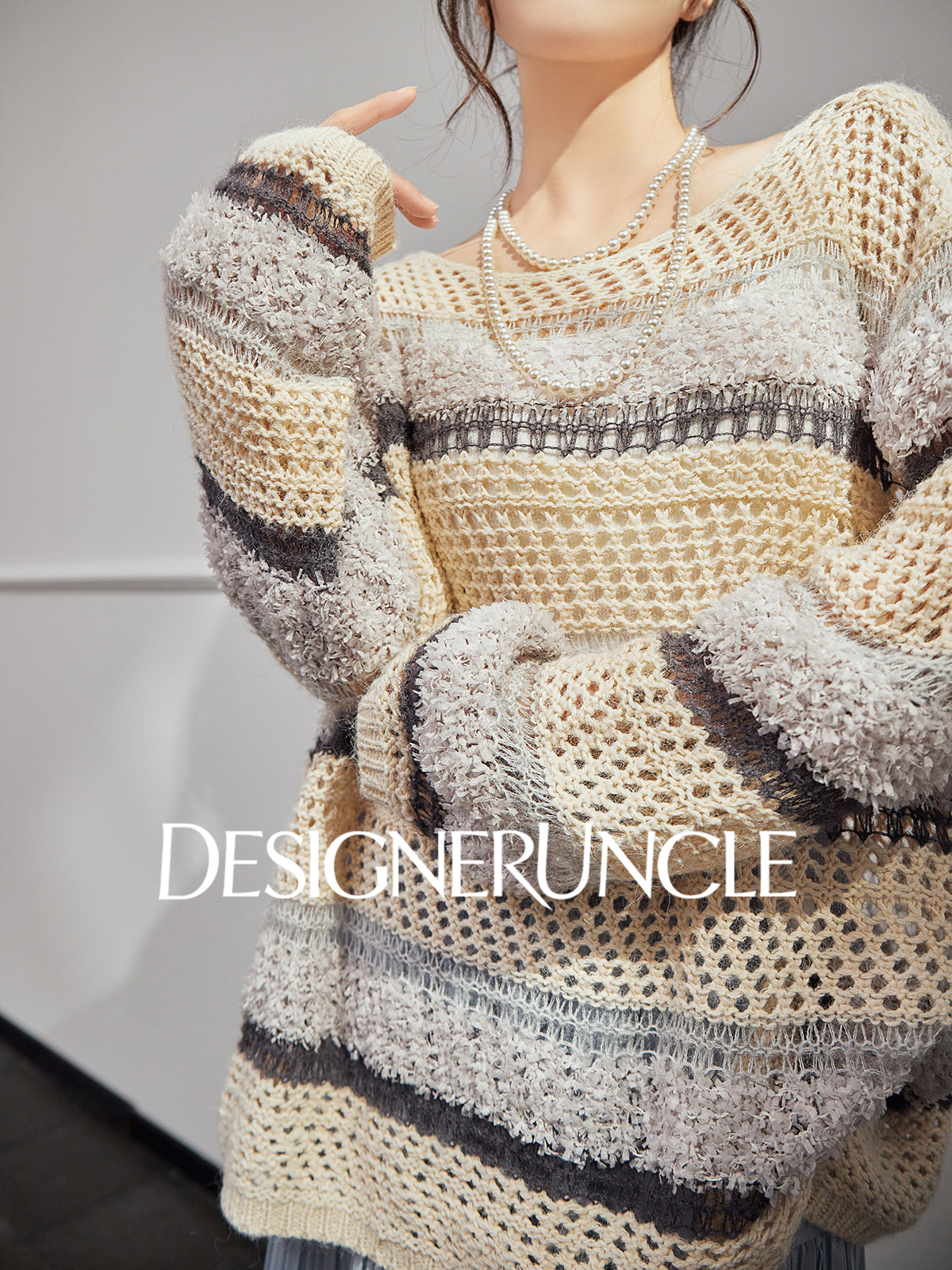 DGU "Weaving Halo" apricot gray striped wool knitted sweater- SHOW.