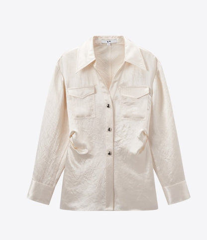 COMME MOI Lv Yan Designer Summer Acetate Texture V-Neck Waist Shirt - AYLA.