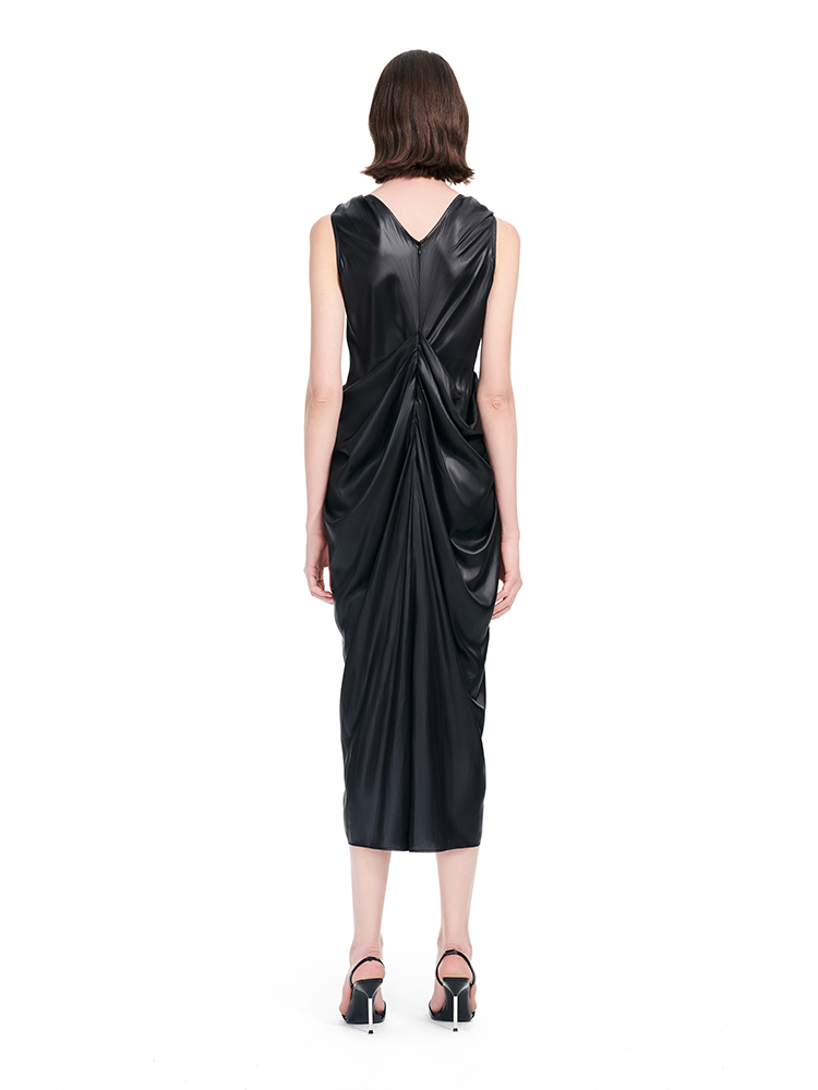 YES BY YESIR | Ye Qians Pleated Romantic Long Dress with Sculptural Ring Ornament-AMELINA.