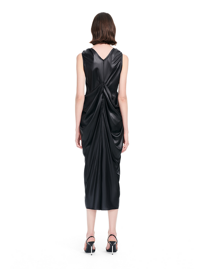 YES BY YESIR | Ye Qians Pleated Romantic Long Dress with Sculptural Ring Ornament-AMELINA.