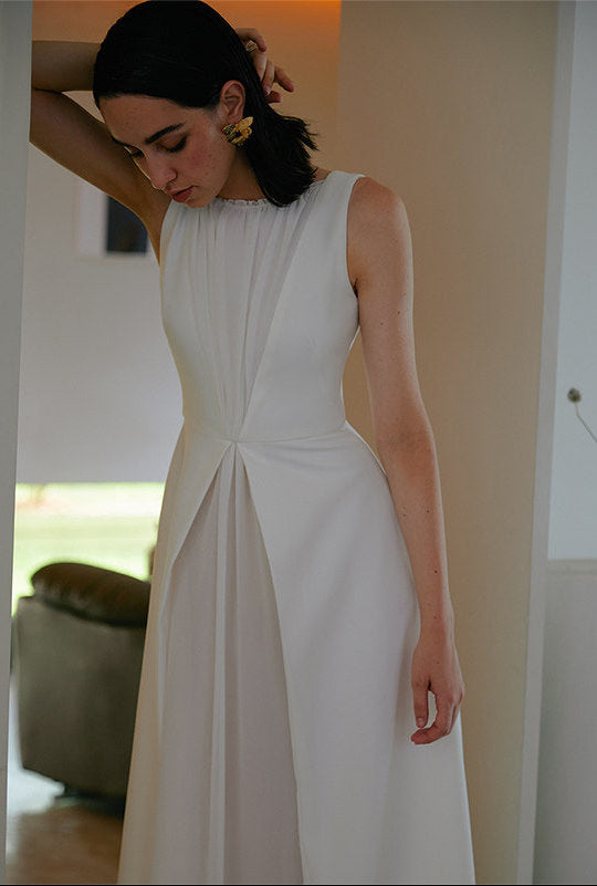GOUDIN white long engagement outdoor light simple evening dress-TAB.
