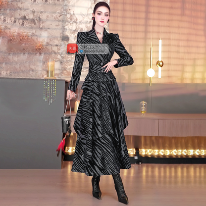 VJE zebra pattern suit skirt top irregular long skirt two-piece set- MONI.