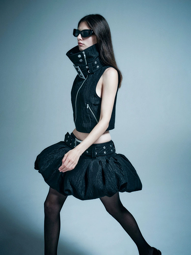 ANNAKIKI model functional stand-up collar buckle vest-KELLY