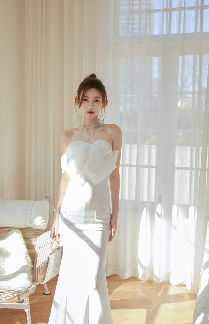 DOLLY Elegant White French Style Big Bow Long Fish Tail Cocktail Dress-FREYA