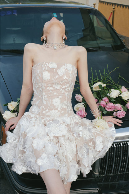 Wardrobes by Chen Luxury Strapless Embroidered Crystal Flower Evening bridal Dress-Florence