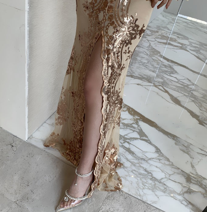 DOLLY Elegant V-Neck Long Sleeve Sequin Hip Flared Fish Tail Banquet Dress-MAY