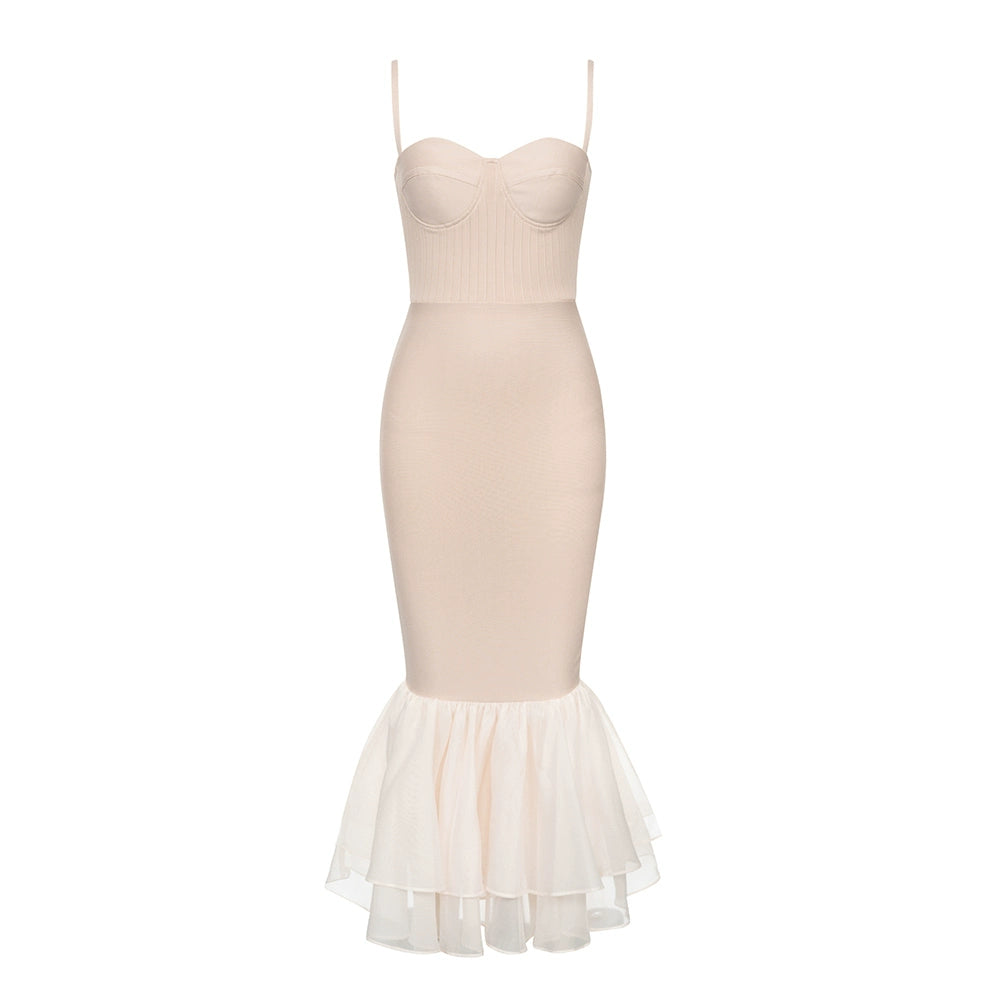 DOLLY Elegant Nude French Style Sleeveless Ruffle Fish Tail Dinner Dress-AMALIA