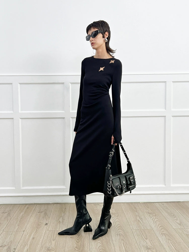 ANNAKIKI Black Cutout Four-Pointed Star Long Sleeve Dress Women-MARTIN