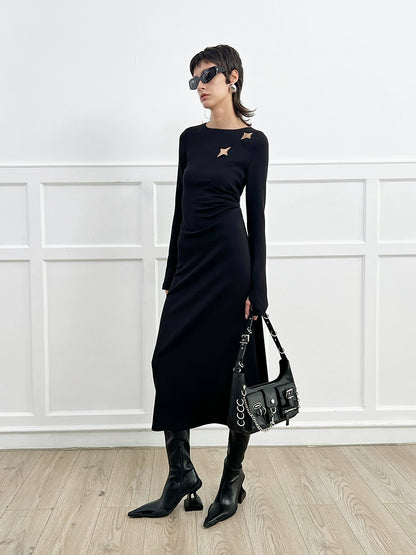 ANNAKIKI Black Cutout Four-Pointed Star Long Sleeve Dress Women-MARTIN