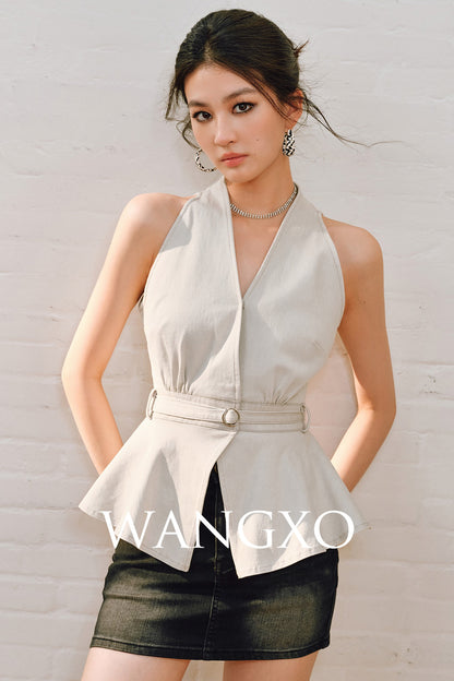 WANGXO | Soft Cotton Denim Halterneck Top -CALISTA.
