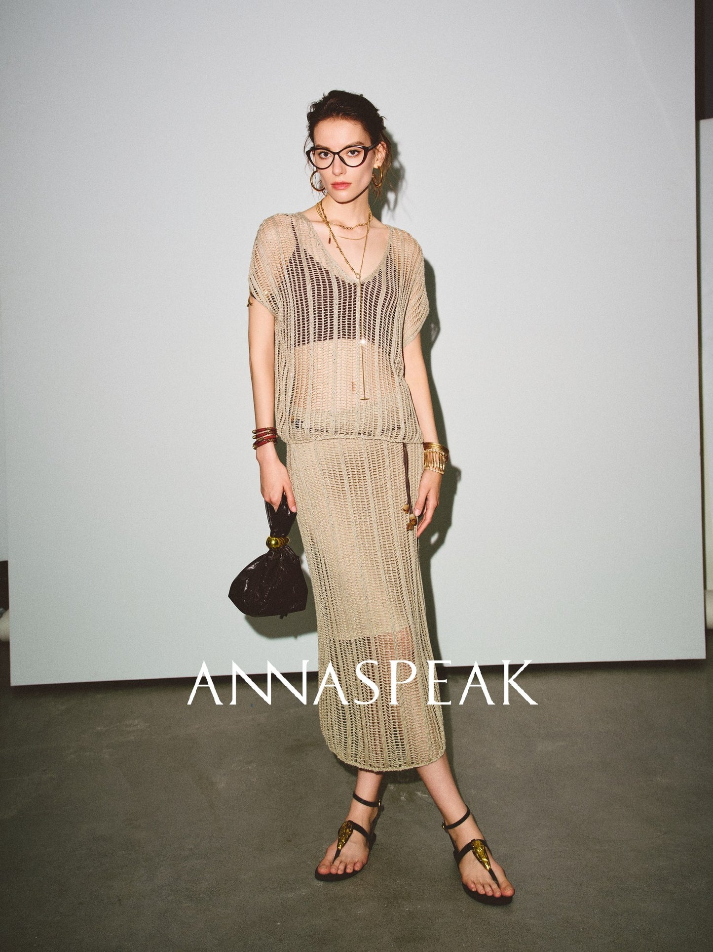 ANNASPEAK Lightweight and breathable cut-out fine glitter top skirt set summer-TOSE.