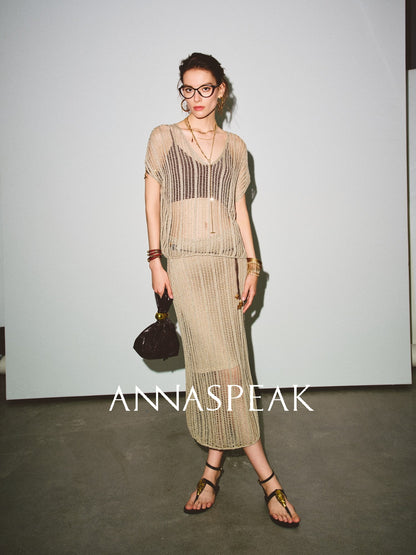 ANNASPEAK Lightweight and breathable cut-out fine glitter top skirt set summer-TOSE.