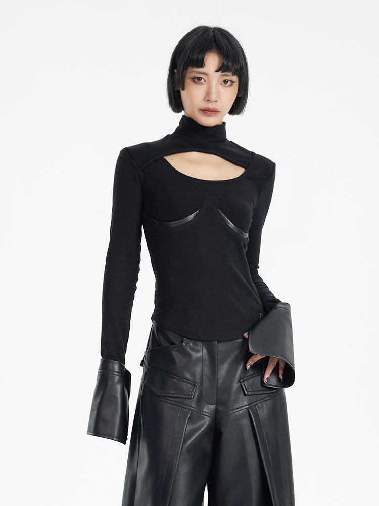 TINY IN black knit PU leather cuff top - SONO.