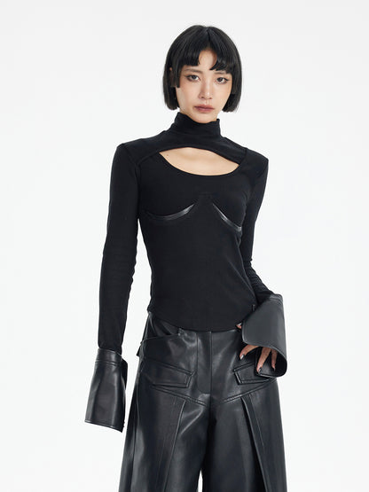 TINY IN black knit PU leather cuff top - SONO.