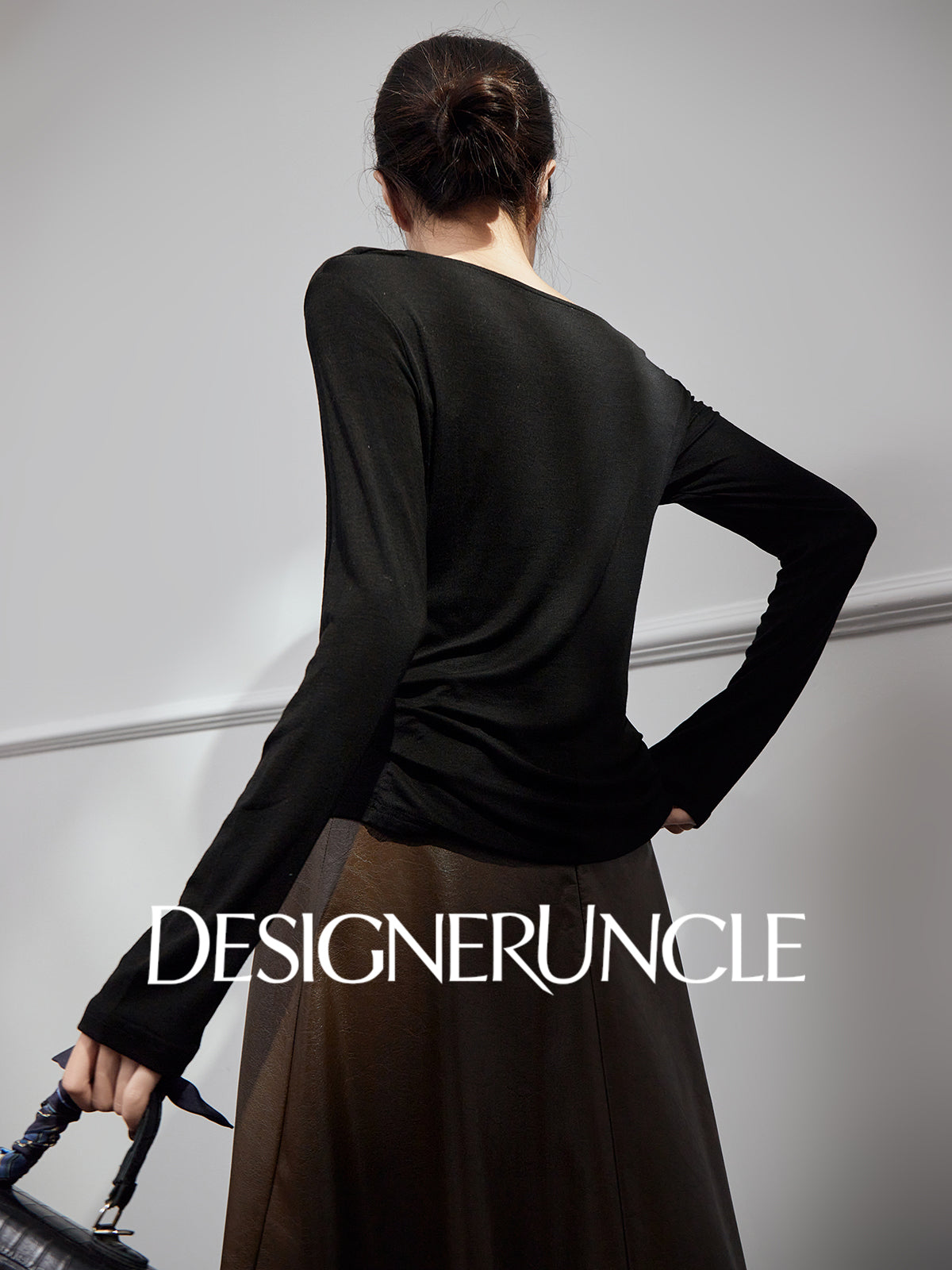 DGU|Black Knitted Drape V-Neck Top and brown pleater skirt- WAVES.