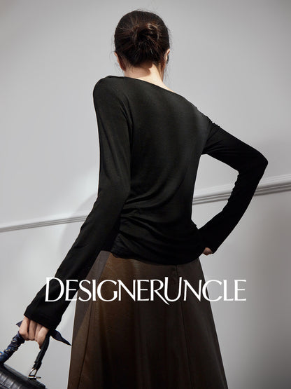 DGU|Black Knitted Drape V-Neck Top and brown pleater skirt- WAVES.