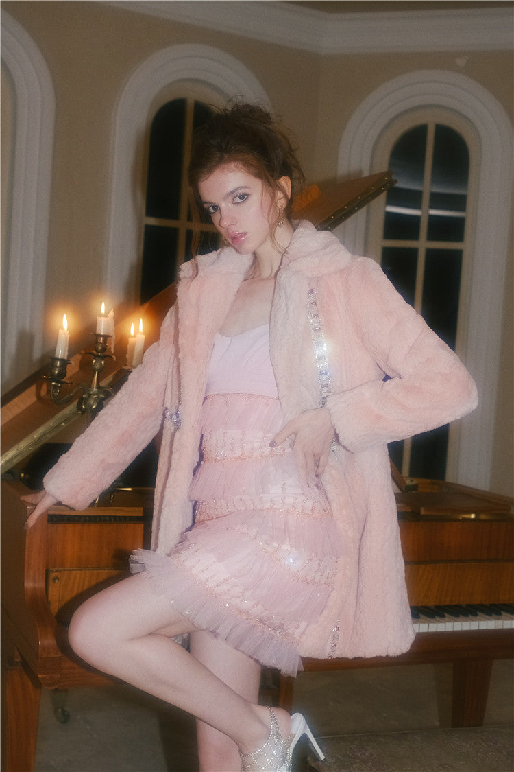 Wardrobes by Chen  Luxury Soft Pink Handmade Diamond Fur Plush Coat-Elanor