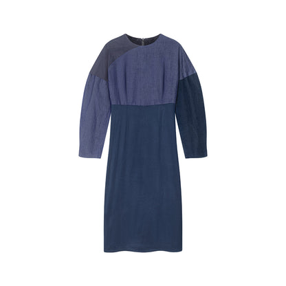 TUYUE Denim Blue Silk Cotton Crew Neck Dress- VERITY.