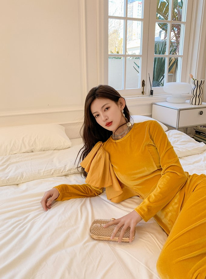 DOLLY Elegant Velvet Crew Neck Long Sleeve Ruffle Long Banquet Dress-PELKA