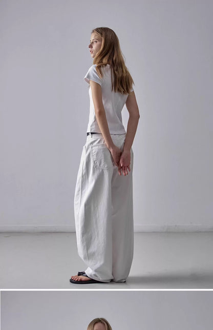 NOTHING WRITTEN facade pattern white jeans high waist commuter straight pants -LILY.
