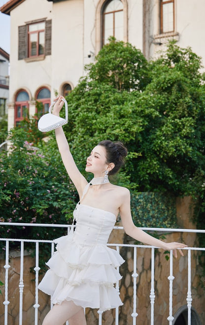 DOLLY Elegant Cream Colored Tube Top Fluffy Ruffle Birthday Dress-ANDORA (V)