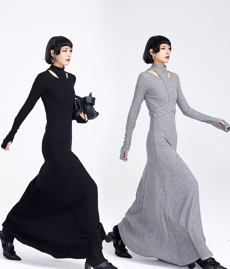 TINYIN slim swing maxi knit dress with cut-out stitching -KOKO
