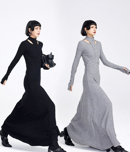 TINYIN slim swing maxi knit dress with cut-out stitching -KOKO
