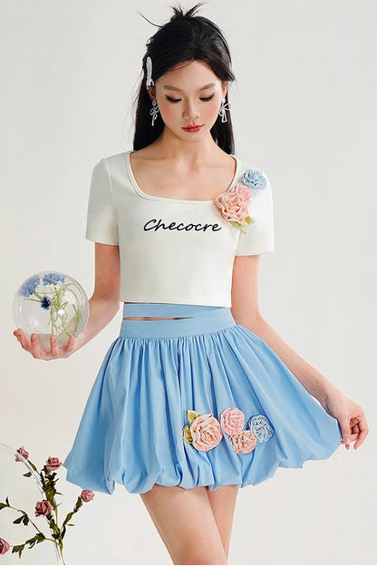 CHECOCRE Handmade Three-dimensional Flower Short Sleeve T-shirt and Skirt - BRAD