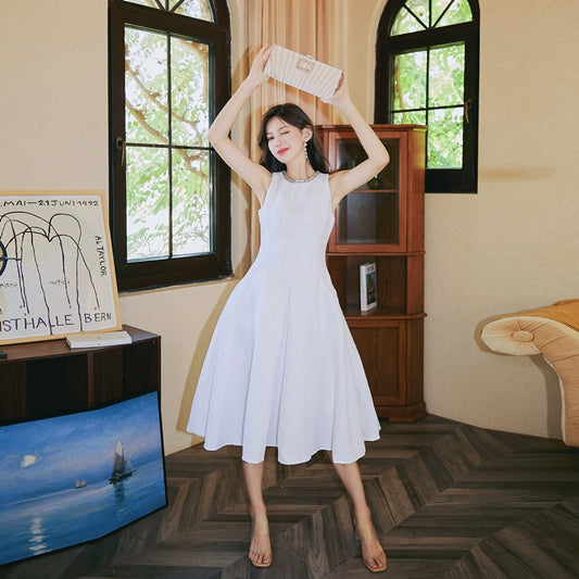 DOLLY Elegant White Crew Neck Sleeveless Long A-Line Dinner Dress-SIBYL