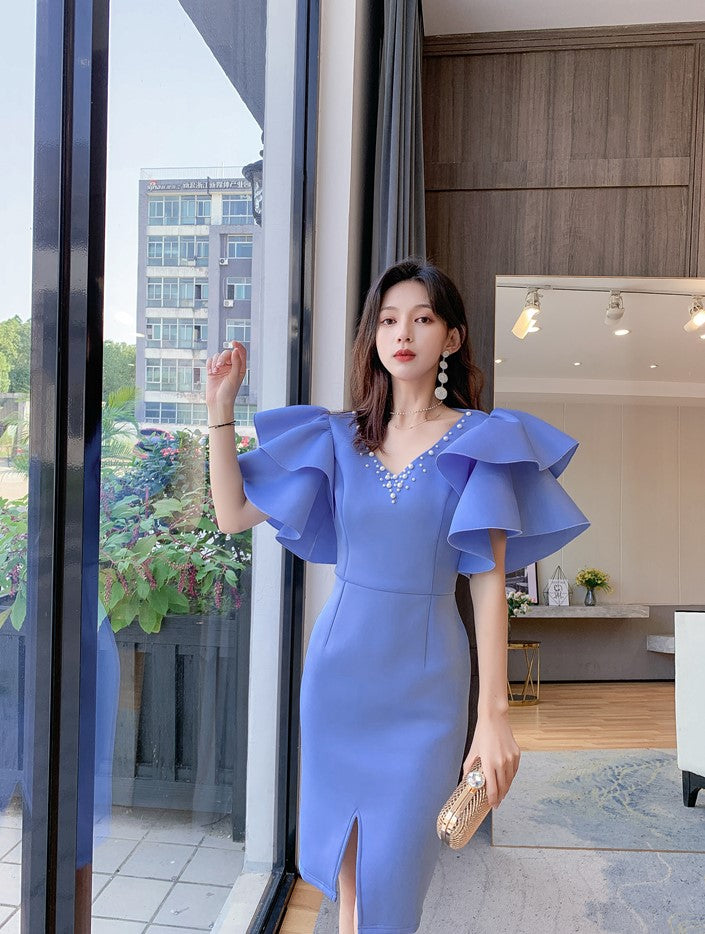 DOLLY Elegant V-Neck Short Ruffle Sleeves Slim Fit Midi Slit Office Dress- ilLA