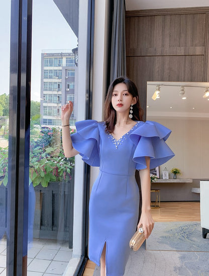 DOLLY Elegant V-Neck Short Ruffle Sleeves Slim Fit Midi Slit Office Dress- ilLA