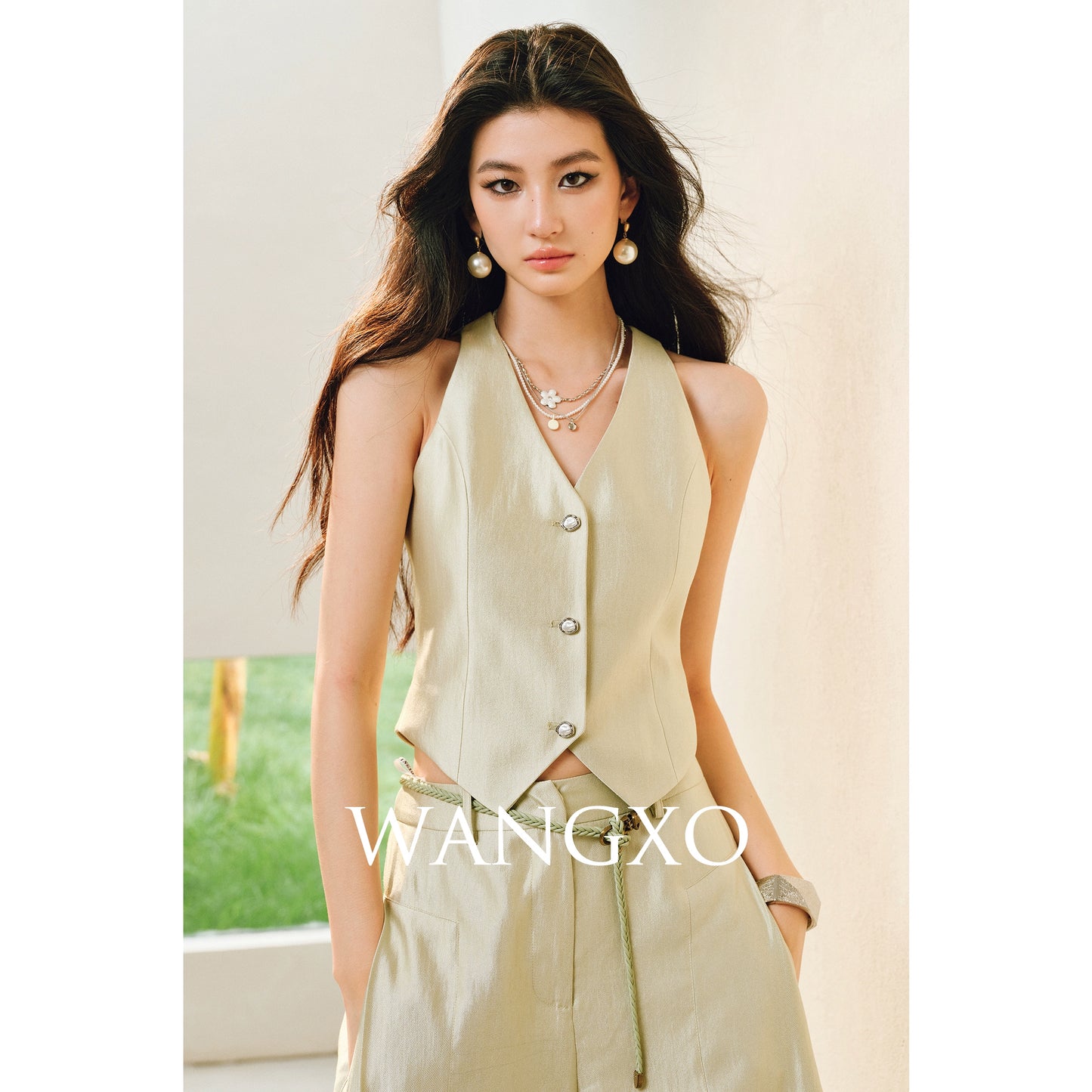 WANGXO | Silk Brocade Shaved Shoulder Vest Top & Tailored Pants Set  -NOOR