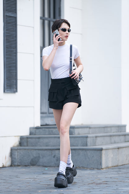 ANNAKIKI black acetic acid high-waisted workwear Slim shorts for women-KAITO