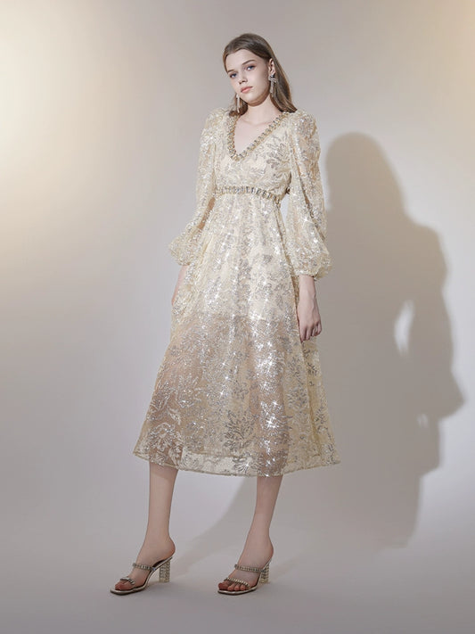 Wardrobes by Chen Elegant Diamond V-Neck Long Sleeve Long Dress- NORAH