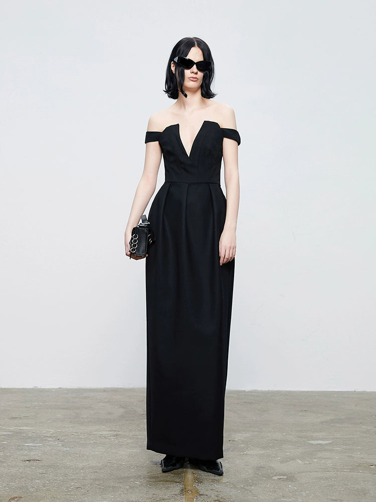 ANNAKIKI Niche Party Red Carpet Black V-Neck Bandeau Dress-CHAPELLE