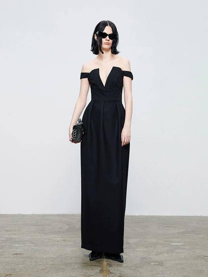 ANNAKIKI Niche Party Red Carpet Black V-Neck Bandeau Dress-CHAPELLE
