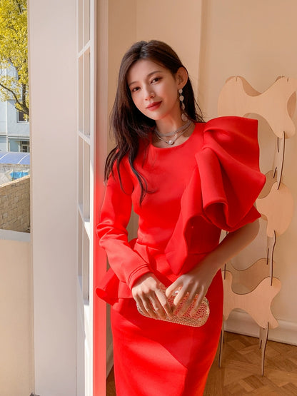 DOLLY Elegant Red Sloping Shoulder Ruffle Long Sleeve Midi Dinner Dress-KIMBRA