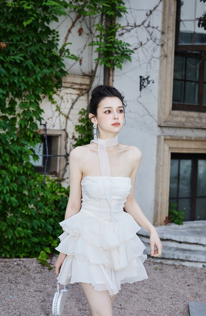 DOLLY Elegant Cream Colored Tube Top Fluffy Ruffle Birthday Dress-ANDORA (V)