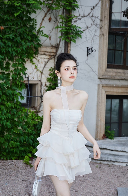 DOLLY Elegant Cream Colored Tube Top Fluffy Ruffle Birthday Dress-ANDORA (V)