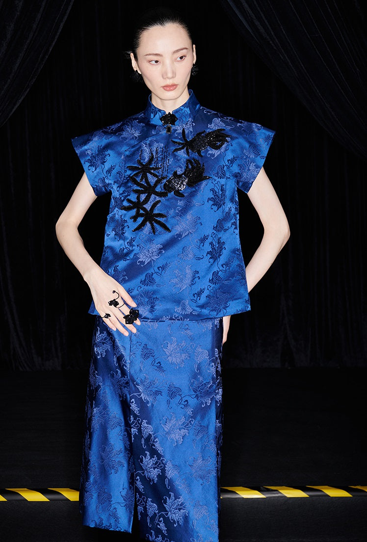 M essential Ma Kai designer Haiqing jacquard gag fish algae pattern nail bead top - CHEN.