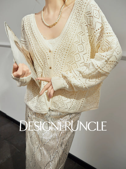 DGU "Light Grapefruit" apricot knitted sweater cut-out loose and versatile high-end top - GREC.