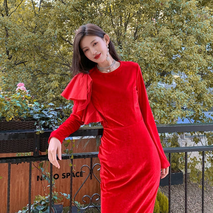 DOLLY Elegant Velvet Crew Neck Long Sleeve Ruffle Long Banquet Dress-PELKA