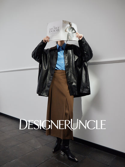 DGU "Obsidian Black" black leather jacket Haining sheepskin versatile top - Eric.