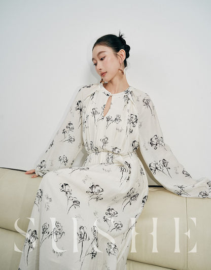 SUSHE white moonlight ink jacquard A-line  French summer long sleeve dress women-FLORA
