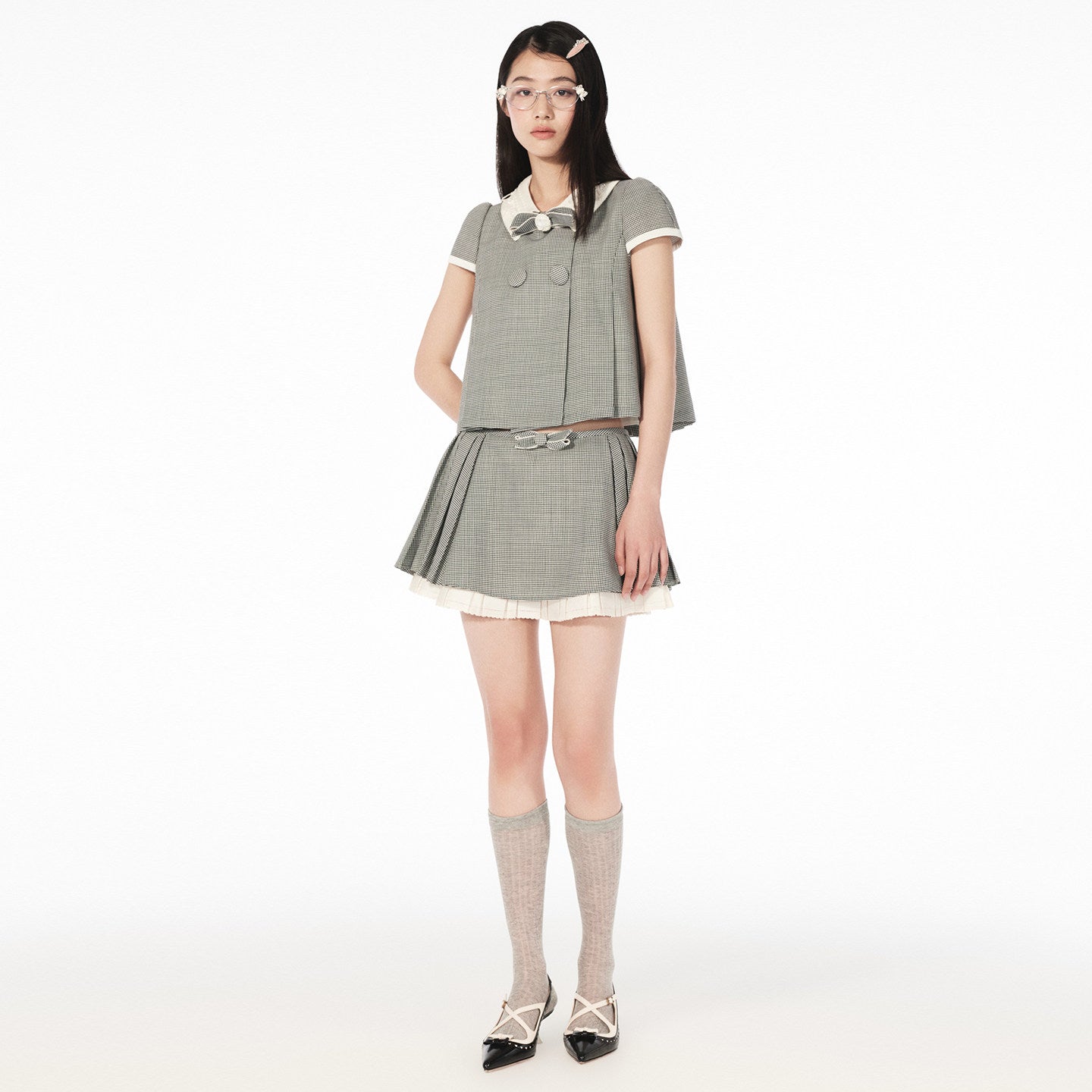 FAME bow houndstooth skirt A-line pleated short skirt - ABIGAIL