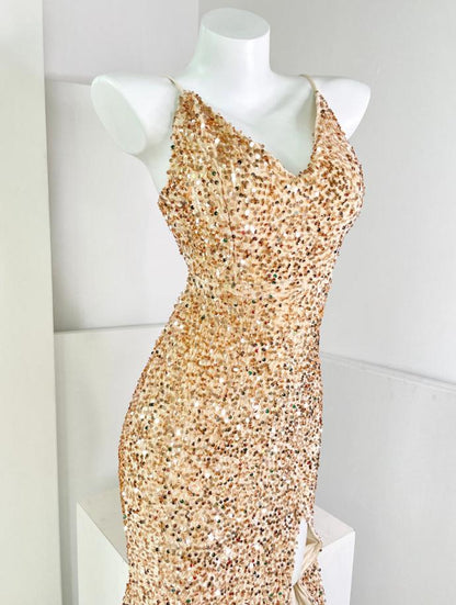 DOLLY Luxury Blue Deep V-Neck Sleeveless Long Fish Tail Sequin Cocktail Dress-AROURA
