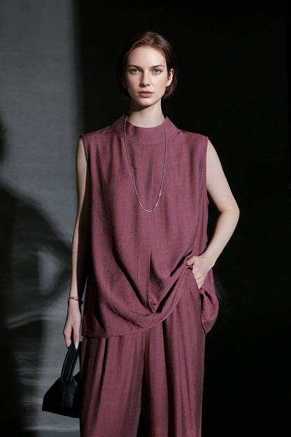 PIAOIN texture linen silk stand up collar sleeveless t-shirt women's straight pants - ARIA