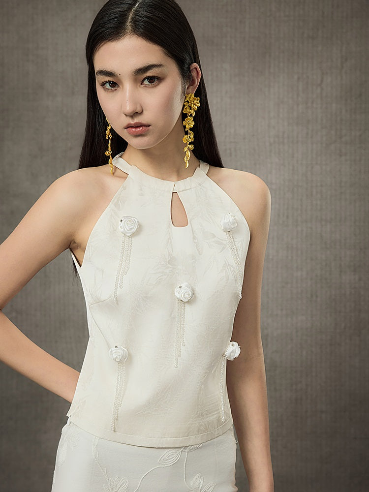 HECO Sleeveless Halterneck Handmade Rose Tassel Vest - BACK.