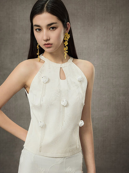 HECO Sleeveless Halterneck Handmade Rose Tassel Vest - BACK.