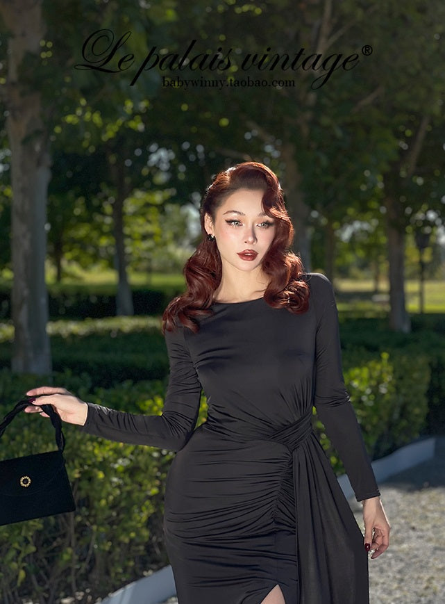 le palais  elegant black asymmetrical pleated high slit slim long dress-PEBBLE